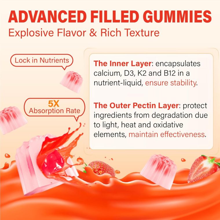 Calcium 1200 mg with Vitamin D3 Supplement for Adults - Calcium Gummies with Vitamin D3 5000IU, K2, B12 for Women Men - Extra Absorption Calcium Citrate - Natural Strawberry Flavor, 120 Gummies - Image 7