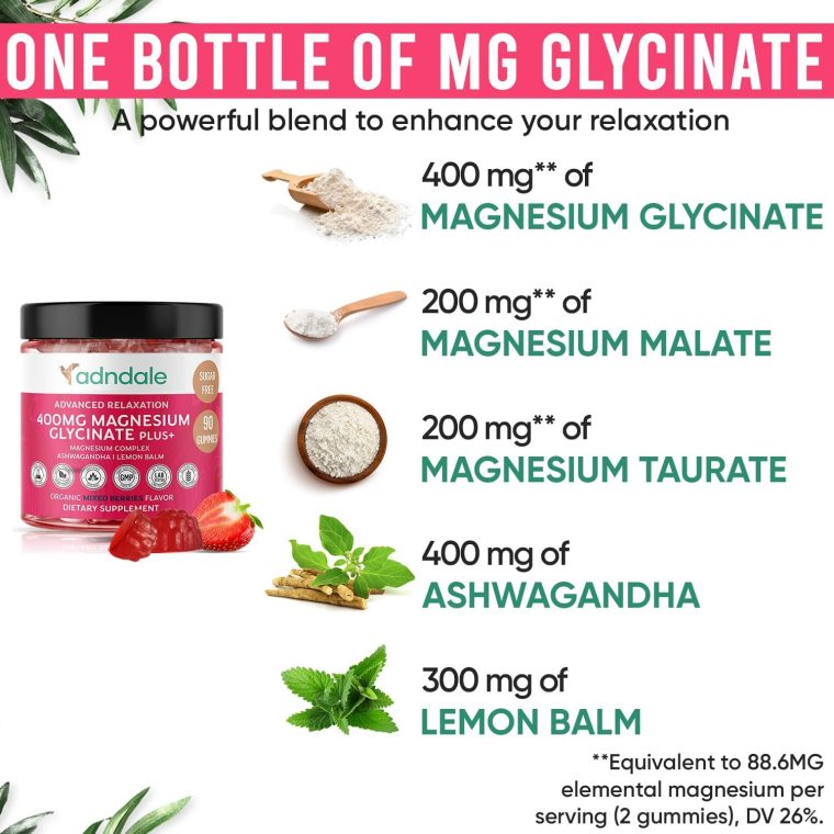 90 CT Magnesium Glycinate Gummies 400 mg/Serv with Ashwagandha, Magnesium Malate & Taurate, Sugar Free Chews for Adults & Kids Relaxation, Stress Relief, Night Rest, Muscle & Cardio Support - Image 2