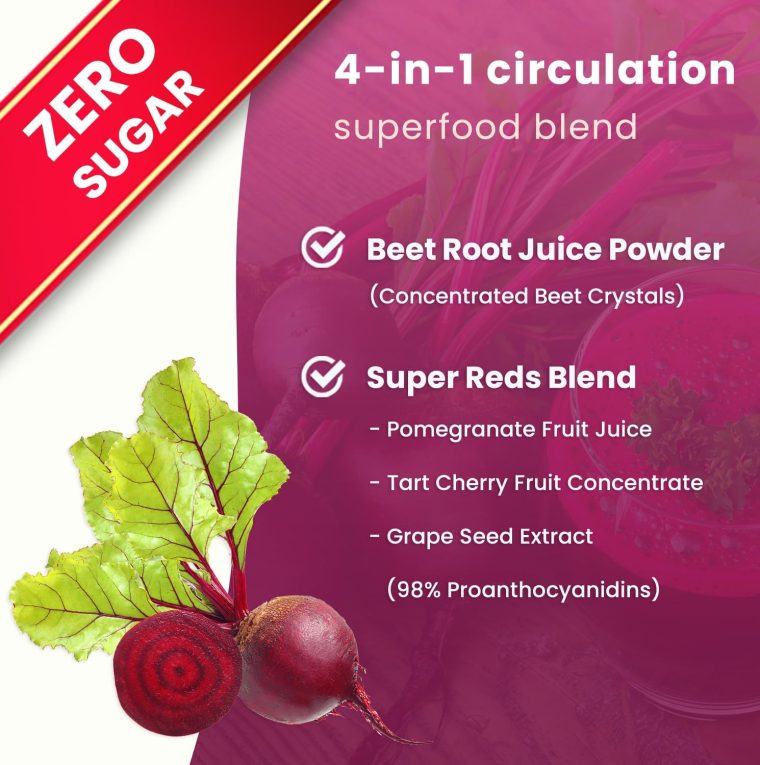 NutraChamps Beet Root Powder Circulation Supplement, Superfood Powder Nitric Oxide Supplement with Beetroot Juice, Super Reds Powder & Grape Seed Extract, No Sugar Beet Supplement - 8.74 Oz - Image 5