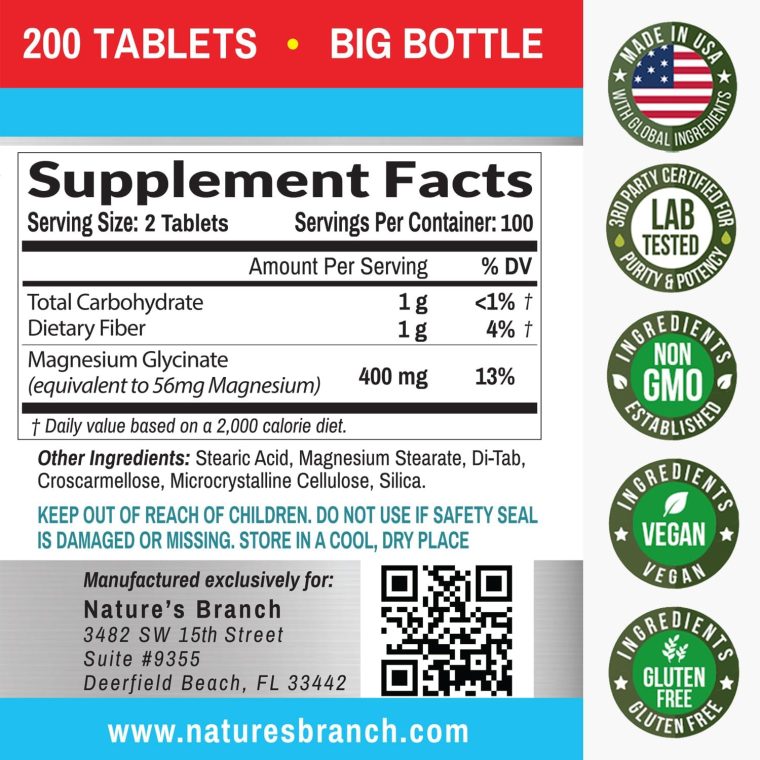 Magnesium Glycinate 400 mg - 200 Tablets - High Absorption, Non Buffered Bisglycinate Mag Supplement for Sleep, Leg Cramps, Heart, Ease Muscles, Calm Headaches for Women and Men, Non Powder Capsules - Image 6