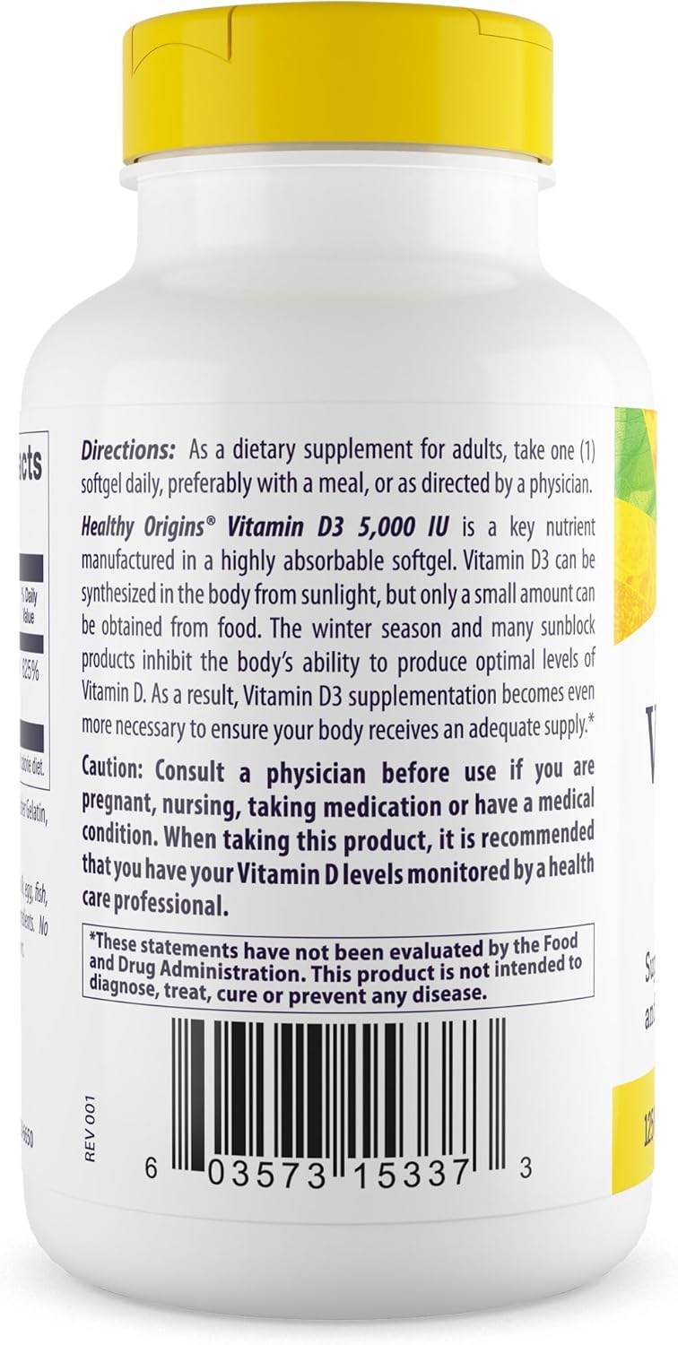 Healthy Origins Vitamin D3 (Lanolin) 5,000 IU Softgel - Bone Health and Immune Support Supplement - Easily Absorbable Vitamin D Supplements - Gluten-Free Vitamin D3 Supplement - 360 Softgels - Image 3