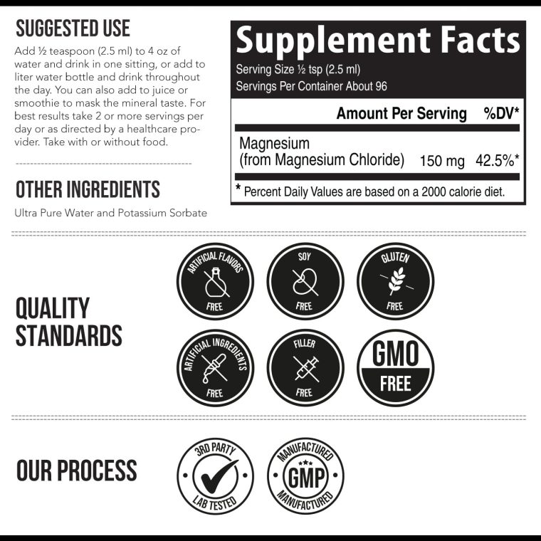Liquid Magnesium | 8 oz - Ionic Magnesium Chloride, Highest & Fastest Absorption - Calm Mood, Sleep, Muscle Cramps & Spasms, Natural Laxative – Vegan, Glass Bottle (96 Servings) - Image 6