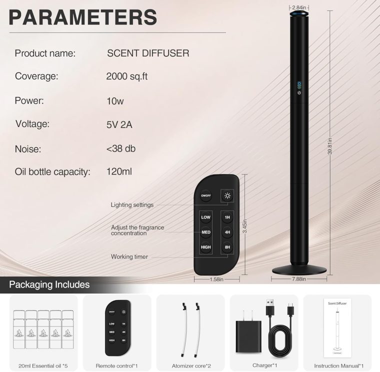 Waterless Scent Diffuser Starter Kit - 2000 Sq Ft Coverage, Luxury Hotel Scent Diffuser, Diffusers for Essential Oils Large Room, Included 5 Scent Oils, Remote Control, Black, 40In - Image 8
