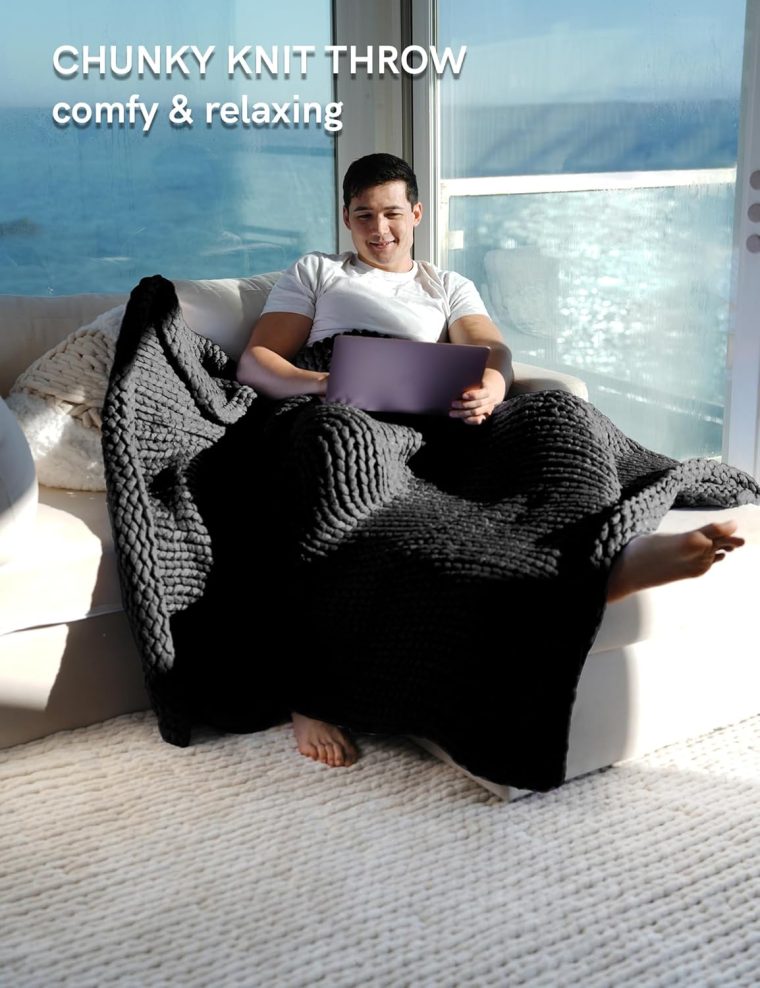YnM Chunky Throw Blanket, Medium-Weight, Hand Knitted, Skin Friendly, Ventilated and Breathable, Machine Washable, Home Décor Piece for Couch, Sofa and Bed (Black, 60x80 Inch) - Image 3