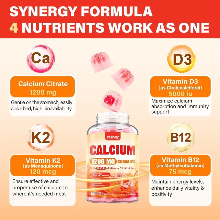 Calcium 1200 mg with Vitamin D3 Supplement for Adults - Calcium Gummies with Vitamin D3 5000IU, K2, B12 for Women Men - Extra Absorption Calcium Citrate - Natural Strawberry Flavor, 120 Gummies - Image 3