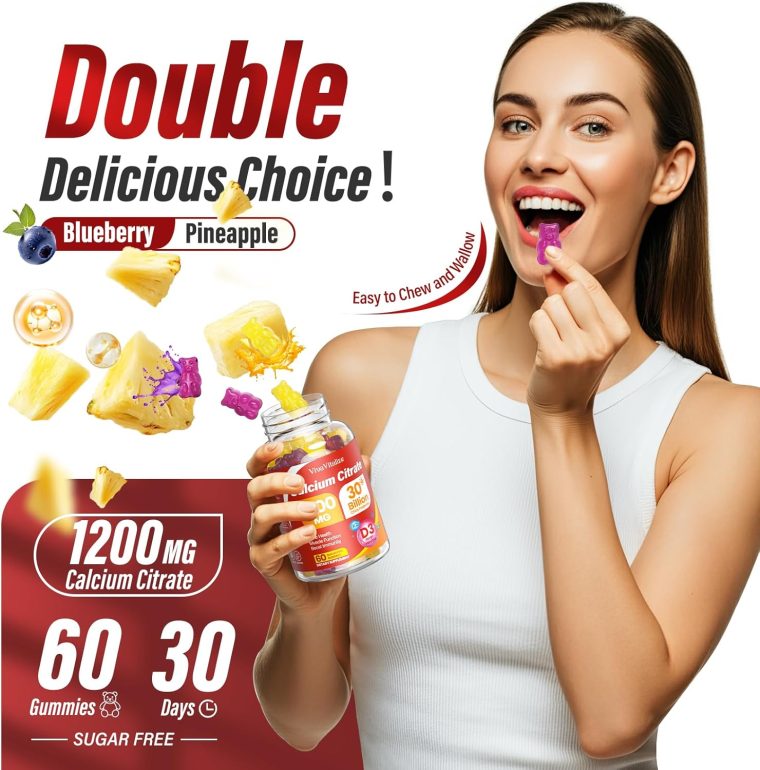 13-in-1 Calcium Citrate Gummies, 1200 mg with Vitamin D3, K2, Magnesium, Zinc, Ultimate Absorption Calcium Supplements for Women & Men, Bone, Muscle & Immune Support, Blueberry & Pineapple, 60 Gummies - Image 2