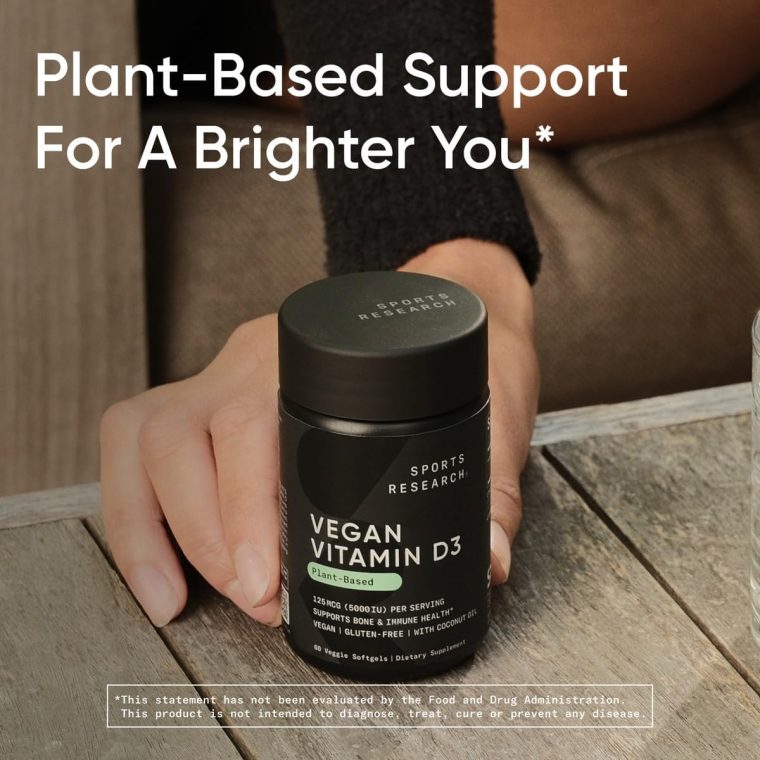 Sports Research Vegan Vitamin D3 5000IU (125 mcg) with Coconut Oil | 100% Plant-Based Vitamin D for Bone, Joint & Immune Support | Carrageenan Free, Vegan Certified & Non-GMO Verified (60 Softgels) - Image 6