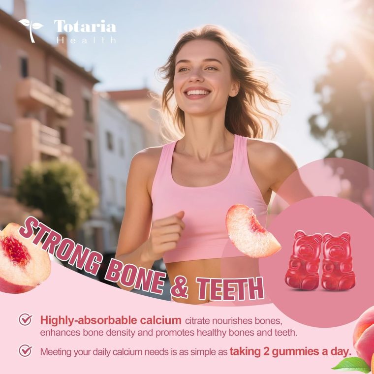 2 Pack Calcium Citrate Gummies 1200 mg - Calcium Supplements for Women with Vitamin D3 & K2,Magnesium,Zinc - Sugar Free Calcium Gummies for Bone & Teeth & Immune Support- Peach Flavor - Image 6