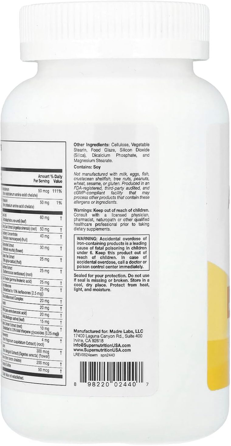 Super Nutrition Active Women's Multivitamin with Black Cohosh, Soy Isoflavones, and Cranberry Concentrate, 180 Tablets - Image 3