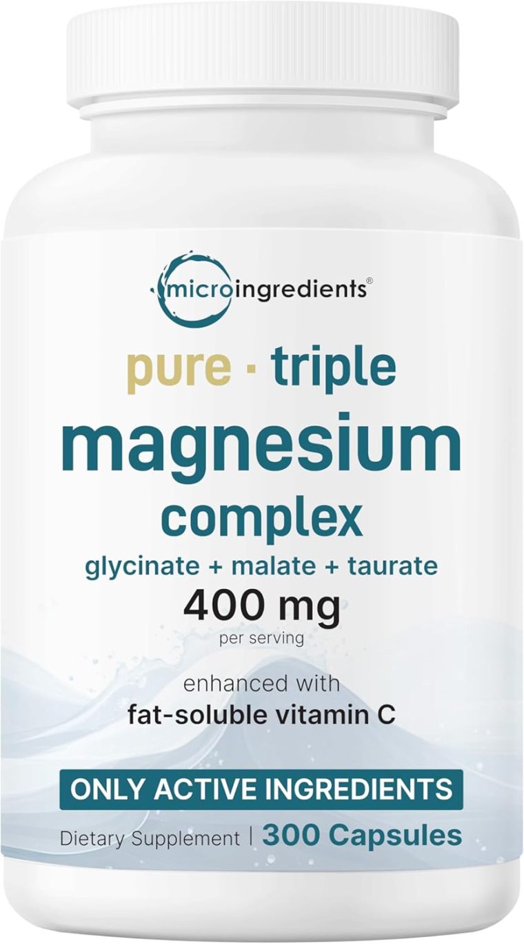 Micro Ingredients Pure Magnesium Complex, 300 Capsules | Triple Magnesium Glycinate, Malate, Taurate with Vitamin C | 100% Chelated | Supports Muscles, Nerves, & Energy | Only Active Ingredients
