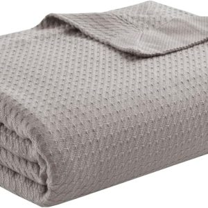 Madison Park 100% Egyptian Cotton Lightweight Summer Blanket, Breathable Waffle Knit Design, Soft Cozy All-Season Throw for Bed, Couch or Sofa, Grey Full/Queen Size (90"x90")