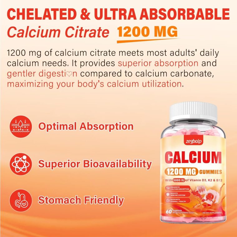 Calcium 1200 mg with Vitamin D3 Supplement for Adults - Calcium Gummies with Vitamin D3 5000IU, K2, B12 for Women Men - Extra Absorption Calcium Citrate - Natural Strawberry Flavor, 120 Gummies - Image 4