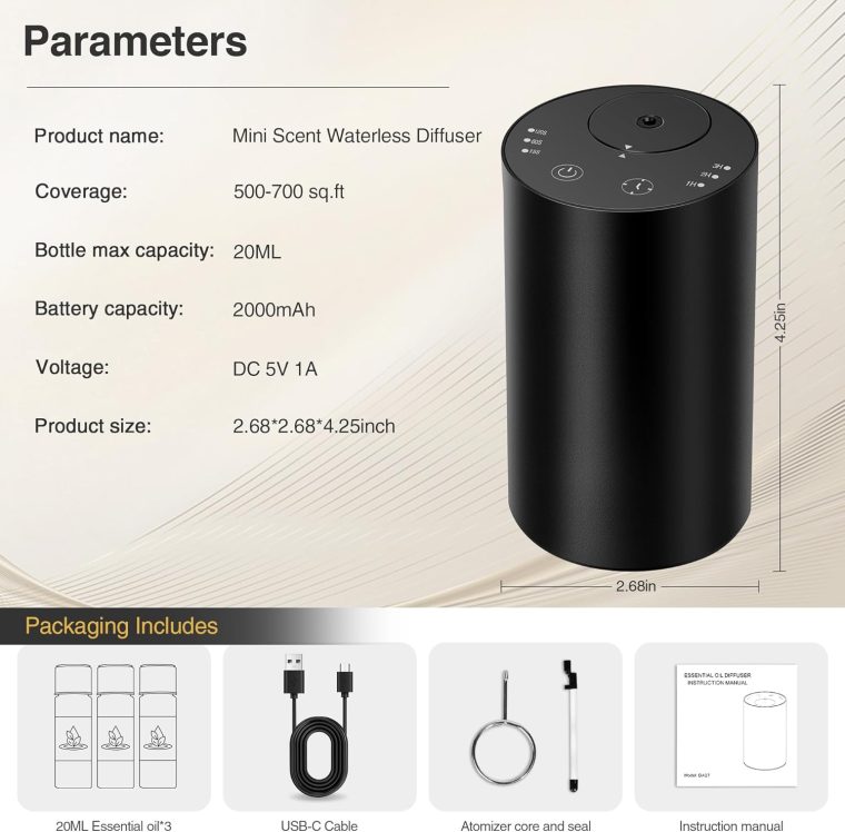 Waterless Essential Oil Diffuser Starter Kit - No Water Needed, Battery Operated Mini Scent Air Machine, Included 3x20ML Essential Oils, Portable Aromatherapy Diffuser for Home & Car, Black, 2Pack - Image 8