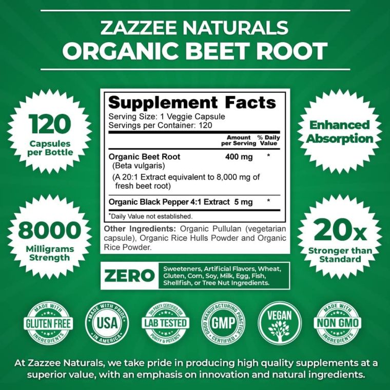 Zazzee USDA Organic Beet Root 8000 mg Strength 20:1 Extract, 120 Vegan Quick Release Capsules, Black Pepper Extract for Enhanced Absorption, Supports Nitric Oxide Production, Non-GMO, Made in The USA - Image 4
