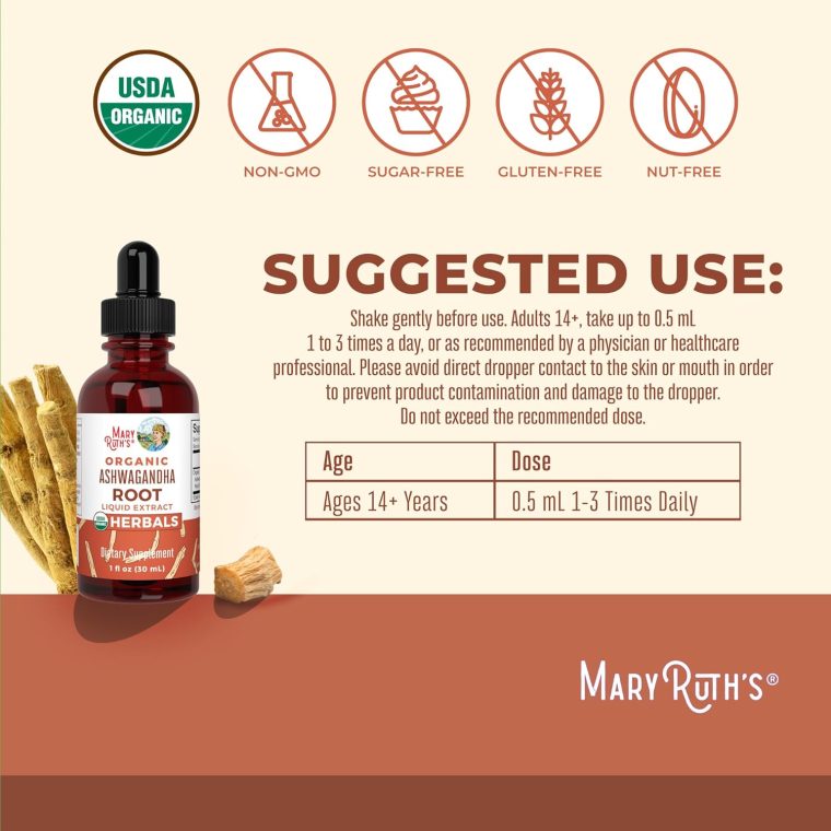 MaryRuth Organics Ashwagandha Root | USDA Organic Ashwagandha Liquid Drops | Stress Relief, Natural Calm, Relaxation and Mood Support Supplement | Adaptogenic | Nervine | Vegan | Non-GMO | 60 Servings - Image 3