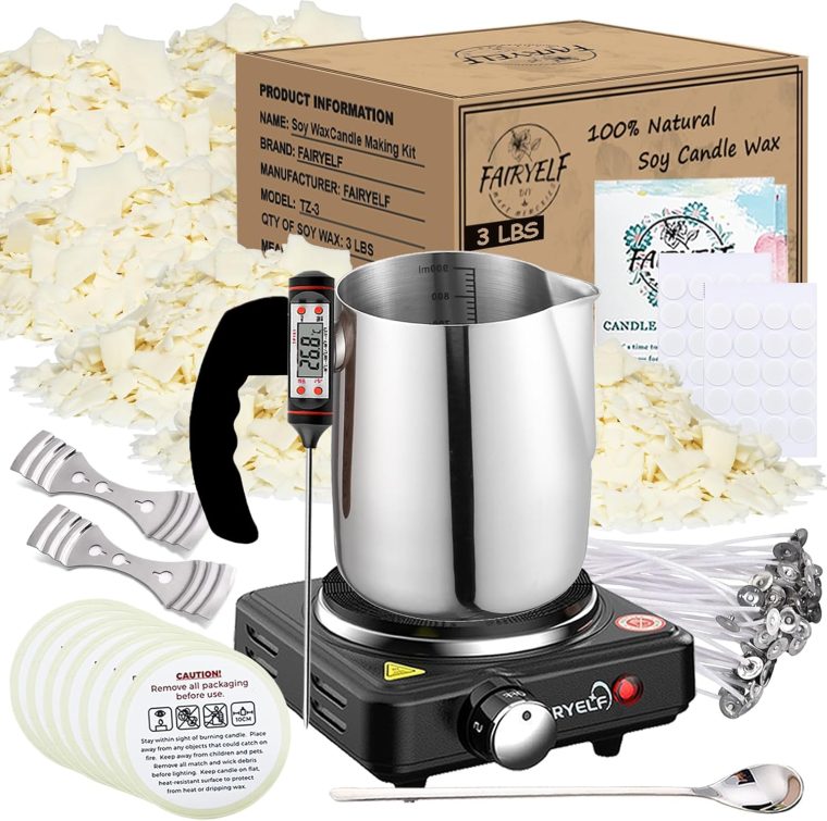 Soy Wax Candle Making Kit Supplies With Wax Melter, Natural Candle Wax for Candle Making - DIY Candles Making Supplies, Including 3lbs Soy Wax Flakes, Melting Pot, Electric Stove, Candle Wick