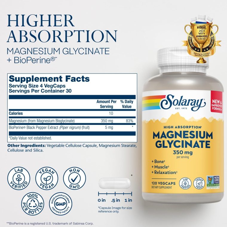 SOLARAY Magnesium Glycinate Capsules, Chelated Magnesium Bisglycinate w/BioPerine, Higher Absorption Magnesium Supplement - Bones, Muscles, Heart Support, Vegan (30 Servings, 120 VegCaps) - Image 2
