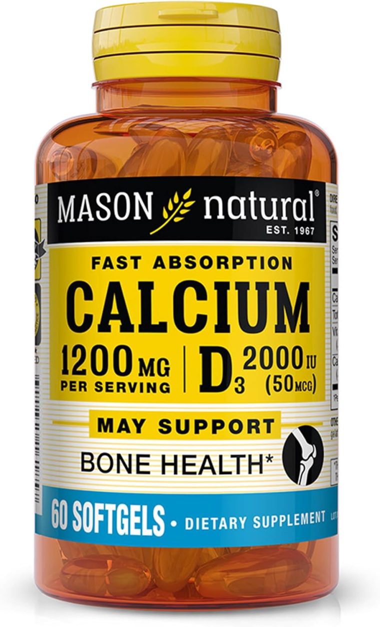 Mason Natural Calcium 1,200 mg with Vitamin D3 50 mcg (2,000 IU) - Immune Support & Bone Health*, Gluten Free, 60 Softgels