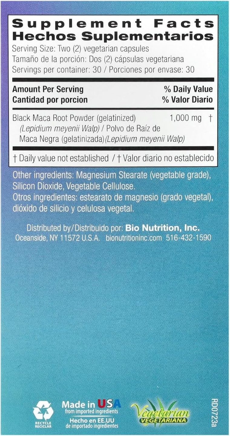 Bio Nutrition Gelatinized Black Maca 60 Vegetarian Capsules | 1,500 mg per Serving | Energy Boost | Calcium | Magnesium | Phosphorus - Image 2