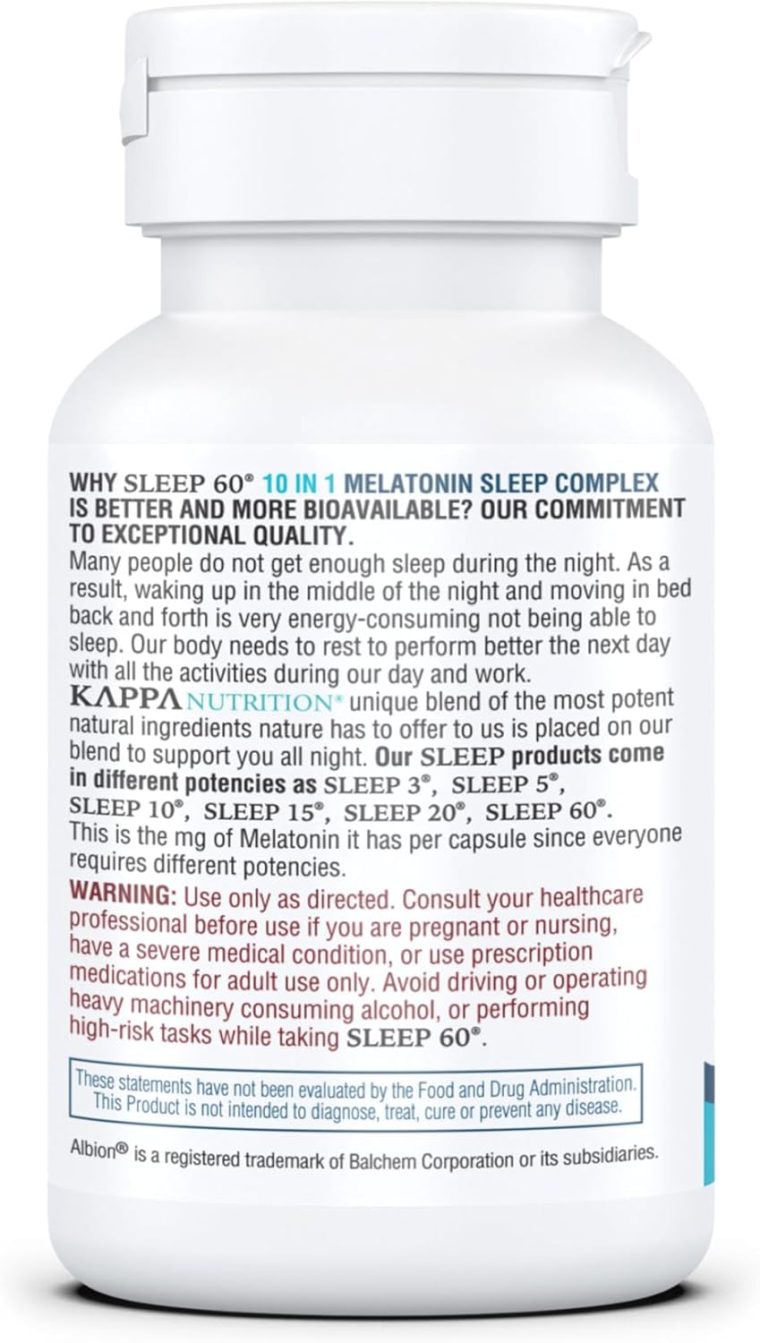 KAPPA NUTRITION Sleep 60, Sleep Aid, 60mg of Melatonin, 60-Day Supply, Non-Habit Forming Vegan Capsules Natural Ingredients for Easier Bedtime, Herbal Supplement, Valerian Root, Chamomile Non-GMO - Image 8