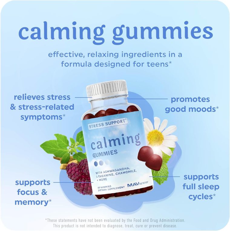 Calming Ashwagandha Gummies for Teens | Stress Relief Supplement with Theanine, GABA, Chamomile & Lemon Balm Calm Sleep Gummies | Natural Raspberry Flavor, Non-GMO, Third-Party Tested | 60 Ct - Image 2