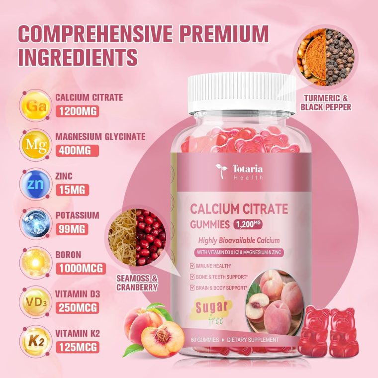 2 Pack Calcium Citrate Gummies 1200 mg - Calcium Supplements for Women with Vitamin D3 & K2,Magnesium,Zinc - Sugar Free Calcium Gummies for Bone & Teeth & Immune Support- Peach Flavor - Image 2
