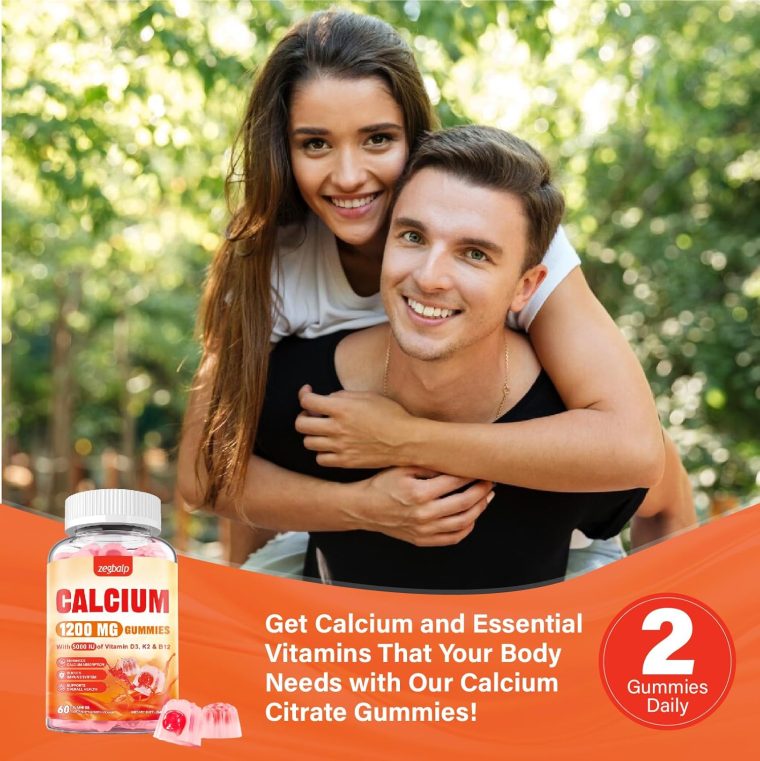 Calcium 1200 mg with Vitamin D3 Supplement for Adults - Calcium Gummies with Vitamin D3 5000IU, K2, B12 for Women Men - Extra Absorption Calcium Citrate - Natural Strawberry Flavor, 120 Gummies - Image 9