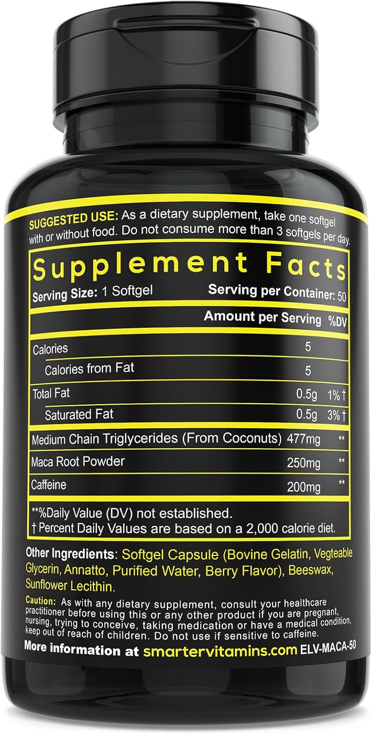 Smarter Energy Pills, 200mg Caffeine & Coconut MCT Oil with Maca Root, 50 Liquid Softgels - Image 2