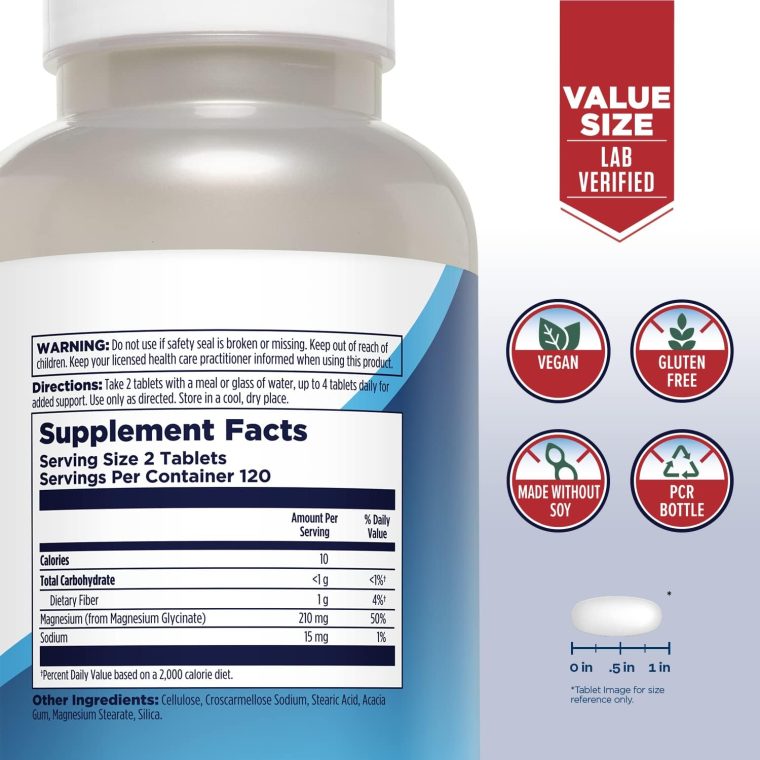KAL Magnesium Glycinate Tablets, Fully Chelated, High Absorption Formula with Magnesium Bisglycinate Chelate for Nerve, Muscle & Bone Health Support, Vegan, Gluten Free, Value Size, 240 Tablets - Image 2