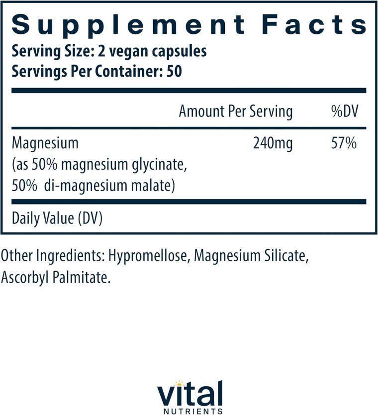 Vital Nutrients Magnesium Glycinate + Malate | 120mg Vegan Magnesium Supplement for Women and Men | Muscle, Heart, Bone Support* | Promotes Relaxation | Gluten, Dairy and Soy Free | 100 Capsules - Image 2