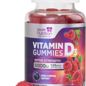 Vitamin D3 Gummies 5000 IU (125 mcg) - Extra Strength Immune Support, Bone, Teeth and Muscle Vitamin D Gummy Dietary Supplement, Nature's Berry D Vitamin Supplement, Raspberry, Non-GMO - 60 Gummies