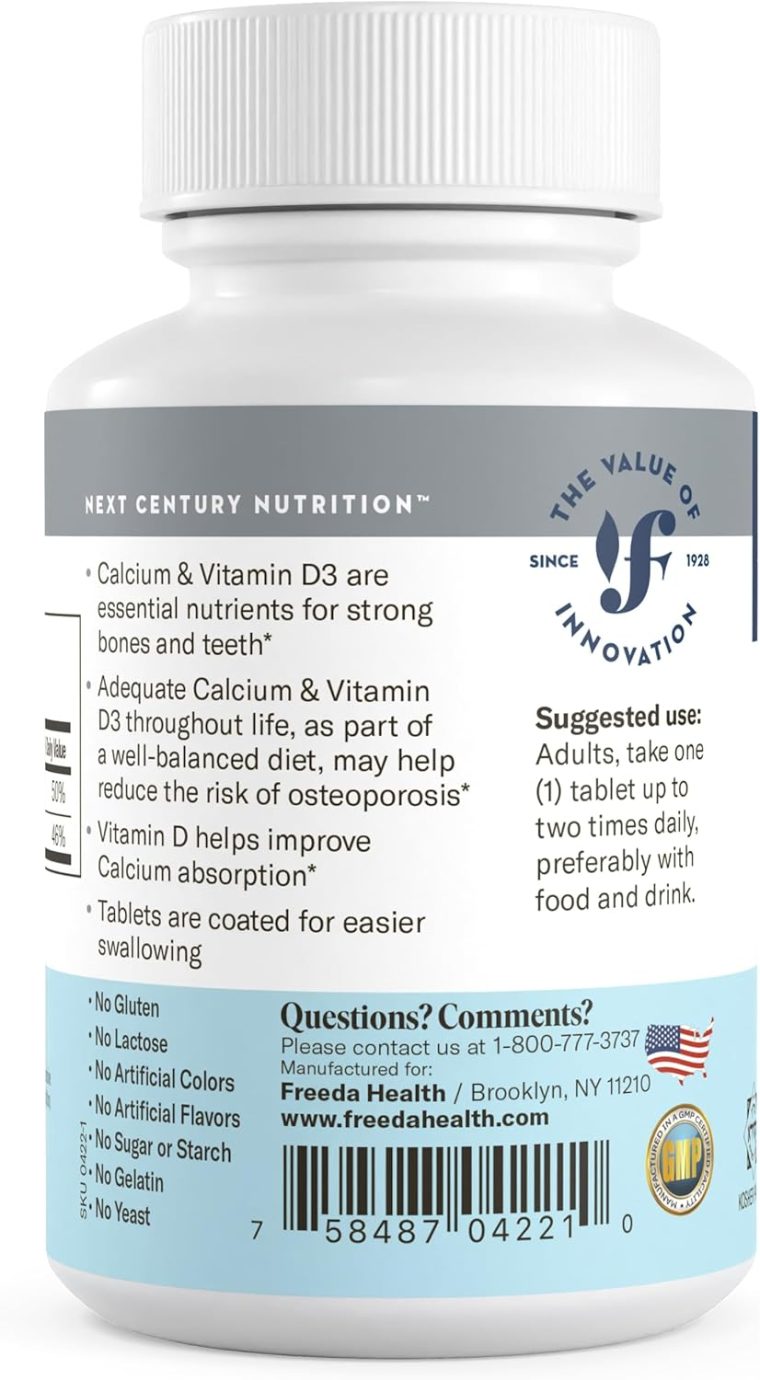 FREEDA Calcium 600 mg with Vitamin D3 400 IU – Essential Bone Support Supplement – Kosher, Gluten-Free, Easy-to-Swallow Coated Tablets for Women & Men (100 Ct) - Image 8