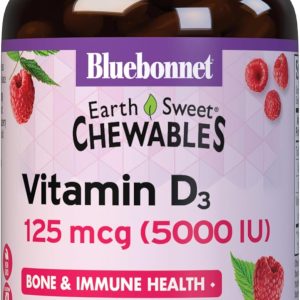 Bluebonnet Nutrition Earth Sweet Vitamin D3 5000 IU Chewable Tablets, Aids in Muscle & Skeletal Growth, Non GMO, Gluten & Soy & Milk Free, Kosher, Raspberry, White, 90 Count