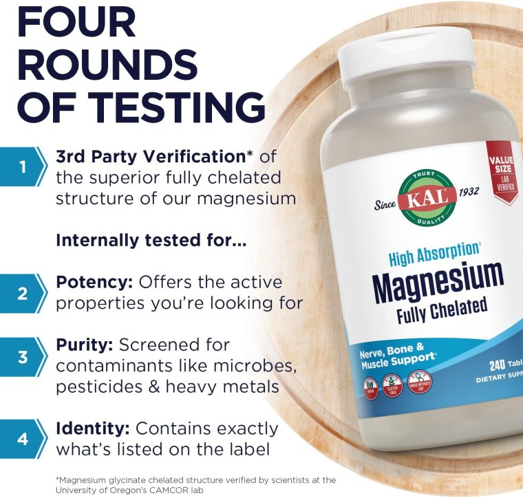 KAL Magnesium Glycinate Tablets, Fully Chelated, High Absorption Formula with Magnesium Bisglycinate Chelate for Nerve, Muscle & Bone Health Support, Vegan, Gluten Free, Value Size, 240 Tablets - Image 5