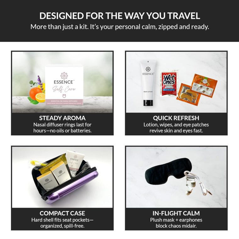 Essence Travel Amenity Kit - Compact Wellness Organizer with 5 Nasal Diffusers + 9 Traveler Comfort Essentials for Flights, Hotels & Adventures - Wearable Aromatherapy Self-Care On the Go - Image 4