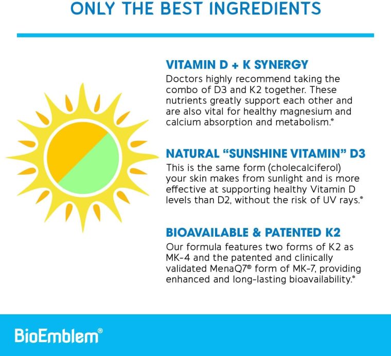 BioEmblem Vitamin D3 K2 Capsules (5000IU and 200mcg) - Patented MK7 and MK4 for 3-in-1 Complex Support - Vegetarian Vitamin D K2 Supplement for Teeth, Heart, Immune System - Non-GMO, 90 Caps - Image 3