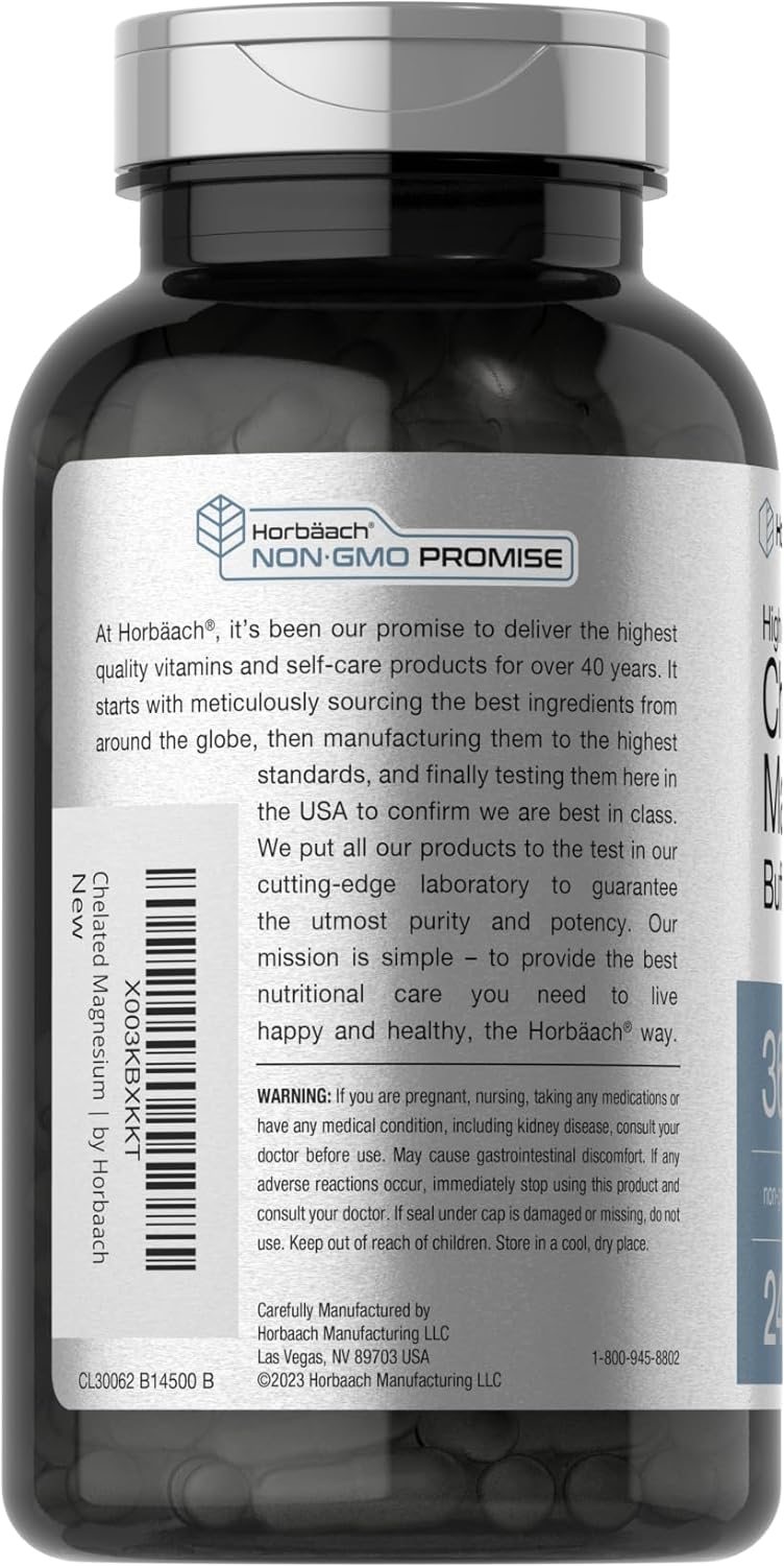 Horbäach Chelated Magnesium | 360mg | 240 Capsules | Non-GMO & Gluten Free Supplement - Image 3