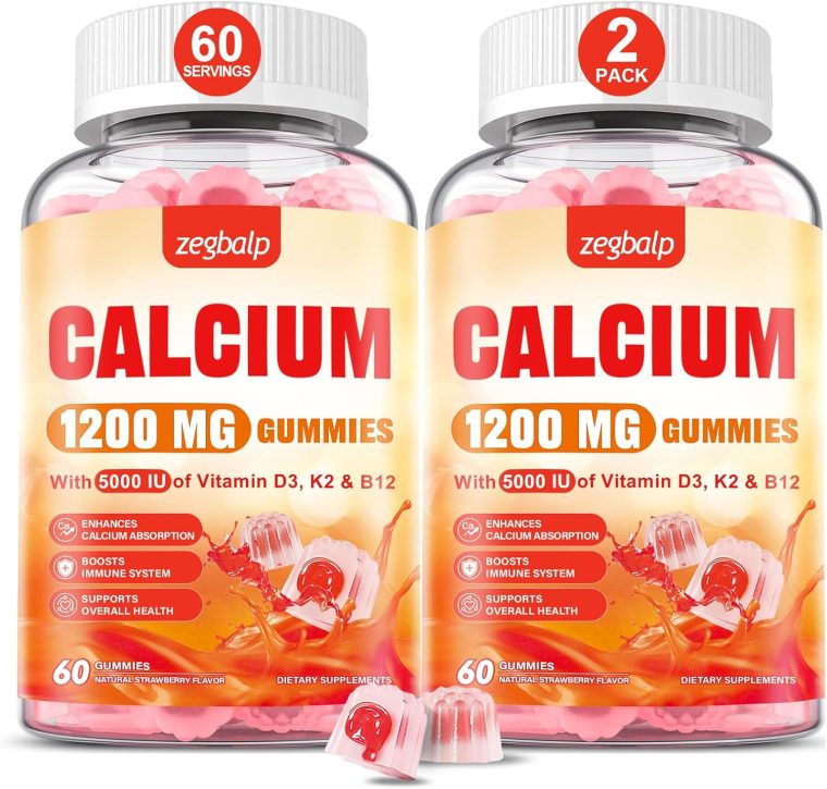 Calcium 1200 mg with Vitamin D3 Supplement for Adults - Calcium Gummies with Vitamin D3 5000IU, K2, B12 for Women Men - Extra Absorption Calcium Citrate - Natural Strawberry Flavor, 120 Gummies