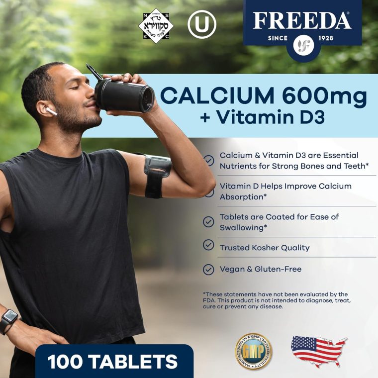 FREEDA Calcium 600 mg with Vitamin D3 400 IU – Essential Bone Support Supplement – Kosher, Gluten-Free, Easy-to-Swallow Coated Tablets for Women & Men (100 Ct) - Image 2