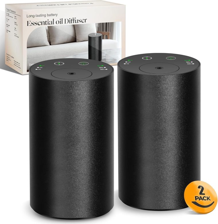 Waterless Essential Oil Diffuser Starter Kit - No Water Needed, Battery Operated Mini Scent Air Machine, Included 3x20ML Essential Oils, Portable Aromatherapy Diffuser for Home & Car, Black, 2Pack
