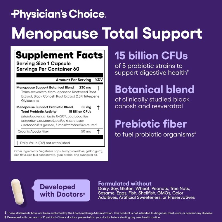 Physician's CHOICE Menopause Probiotic Supplement for Women - Supports Hormone Balance, Hot Flashes, Night Sweats, Weight Management, Bloating & Gut Health - with Black Cohosh, Resveratrol+ - 60ct - Image 6