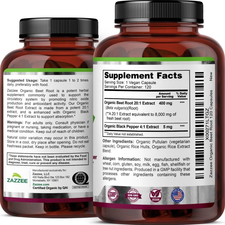 Zazzee USDA Organic Beet Root 8000 mg Strength 20:1 Extract, 120 Vegan Quick Release Capsules, Black Pepper Extract for Enhanced Absorption, Supports Nitric Oxide Production, Non-GMO, Made in The USA - Image 9