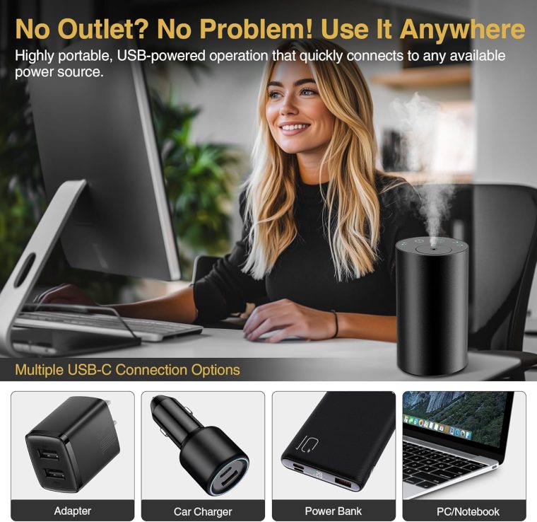 Waterless Essential Oil Diffuser Starter Kit - No Water Needed, Battery Operated Mini Scent Air Machine, Included 3x20ML Essential Oils, Portable Aromatherapy Diffuser for Home & Car, Black, 2Pack - Image 7