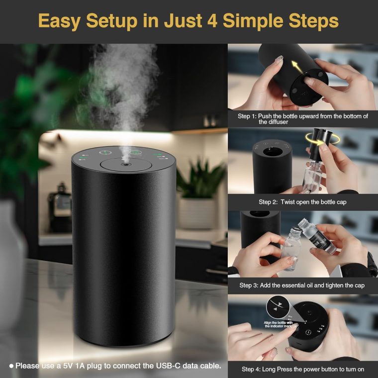 Waterless Essential Oil Diffuser Starter Kit - No Water Needed, Battery Operated Mini Scent Air Machine, Included 3x20ML Essential Oils, Portable Aromatherapy Diffuser for Home & Car, Black, 2Pack - Image 5