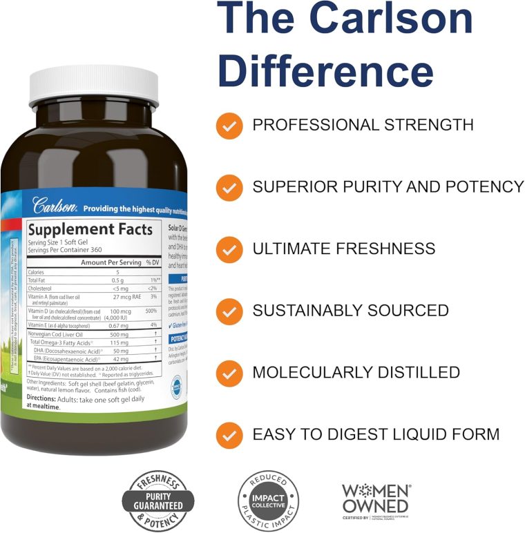 Carlson - Solar D Gems, Vitamin D3 and Omega-3 Supplement, 4000 IU (100 mcg) D3, 115 mg Omega-3 EPA and DHA, Vitamin D Fish Oil Capsule, Bone & Immune Health, Vitamin D Supplement, Lemon, 360 Softgels - Image 2
