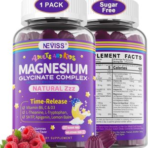 Magnesium Glycinate Gummies for Adults & Kids 4+, Sugar Free Magnesium Bisglycinate Supplement 400/200mg with B6D3, 5HTP, L-Theanine for Sleep & Relaxation, Brain, Muscle, Melatonin Free Gummies,1Pack