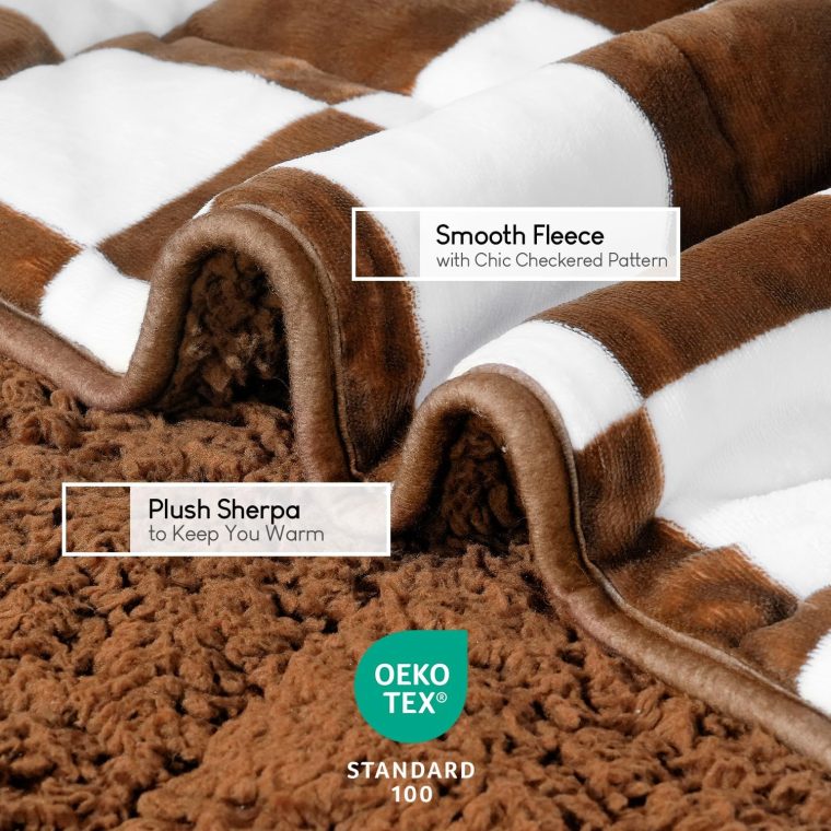 Reepow Fleece Sherpa Weighted Blanket for Adults 15 lbs 48" x 72" Twin Size, Soft Plush Warm Weighted Blanket, Heavy Bed Blanket with Ceramic Beads, Machine Washable, Khaki & White Checkered Pattern - Image 4
