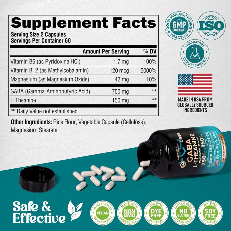 GABA L-Theanine 900 mg - Made in USA - Magnesium | Vitamin B6 - Calm, Sleep, Relaxation & Mood Support - 750 mg Gamma AminoButyric Acid, 150 mg L-Theanine - Non-Habit Forming, Vegan - 120 Capsules - Image 7
