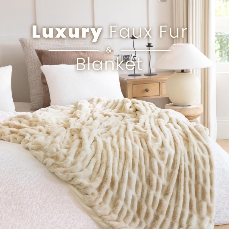 Faux Fur Blanket, Twin Size Oversized Throw Blanket for Couch, Fluffy Blanket with Stretch Ruched Design, Ultra Soft Giftable Home Decor, 60x80 inches, Tie-Dyed in Khaki - Image 3