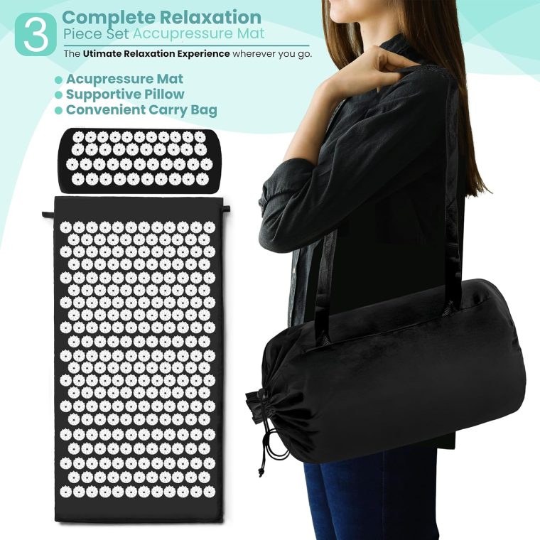 Sivan Back and Neck Pain Relief Acupressure Mat and Pillow Set, Chronic Back Pain Treatment - Relieves Your Stress of Lower Upper Back and Sciatic Pain - Black - Image 5